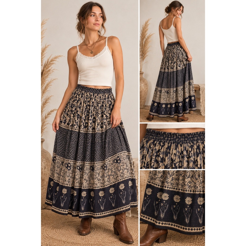 Zero Zero Vintage Floral Black Beige Cotton Maxi Skirt Size M Cottagecore Boho
